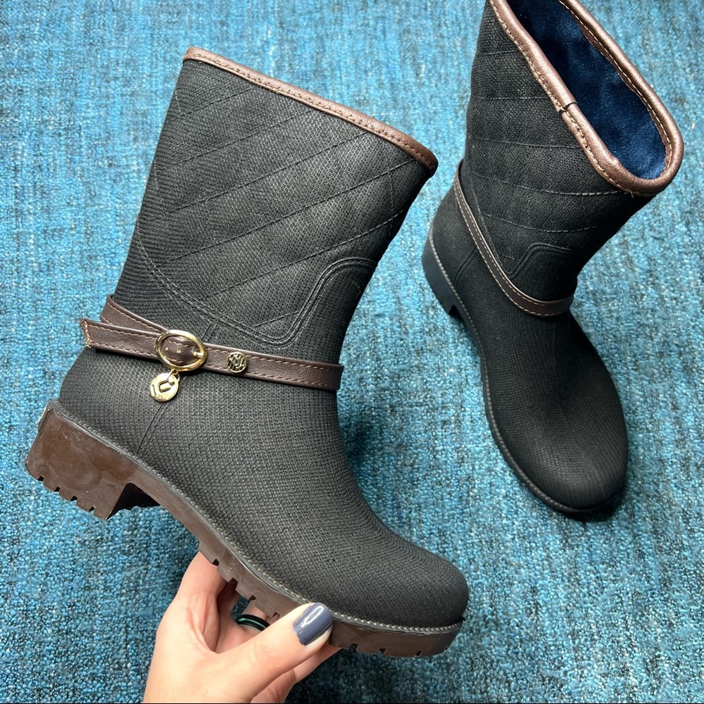 Ulan Rainy Steps Black Brown Pull On Quilted Rain Boots Womens Size 6 Waterproof
